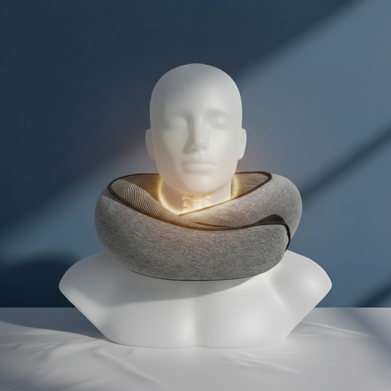 oreiller memoire de forme voyage gris fonce avec fermeture velcro, présenté sur mannequin, mur bleu profond et drap satiné gris perle