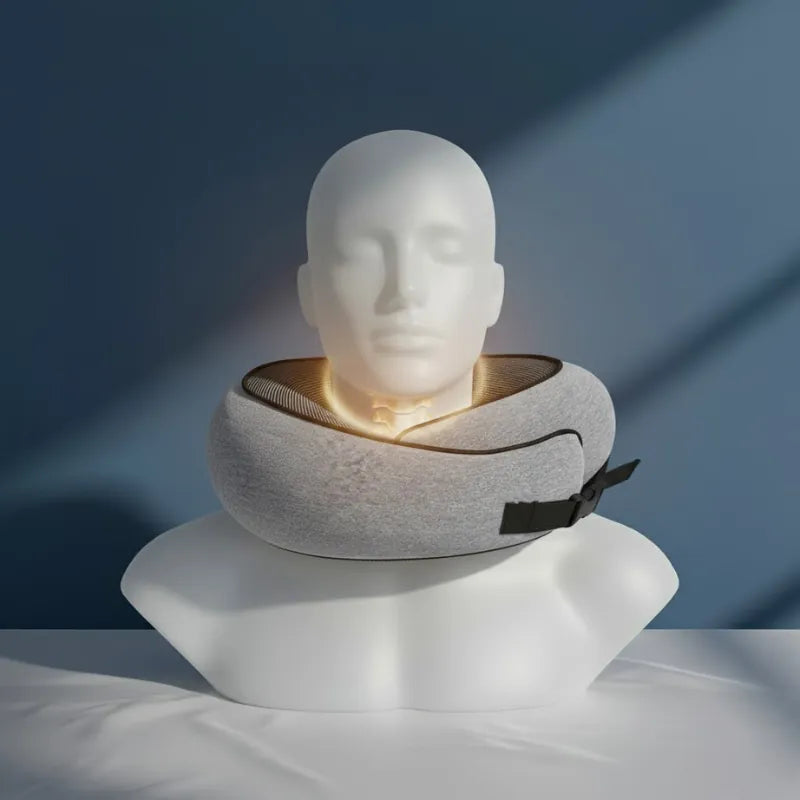 oreiller memoire de forme voyage gris avec clips ajustable, présenté sur mannequin, mur bleu profond et drap satiné gris perle