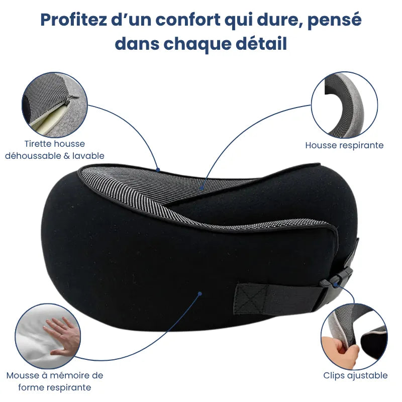 Oreiller mémoire de forme voyage à clips ajustable noir, mise en avant des fonctions clés : mousse respirante, housse lavable, clips réglable