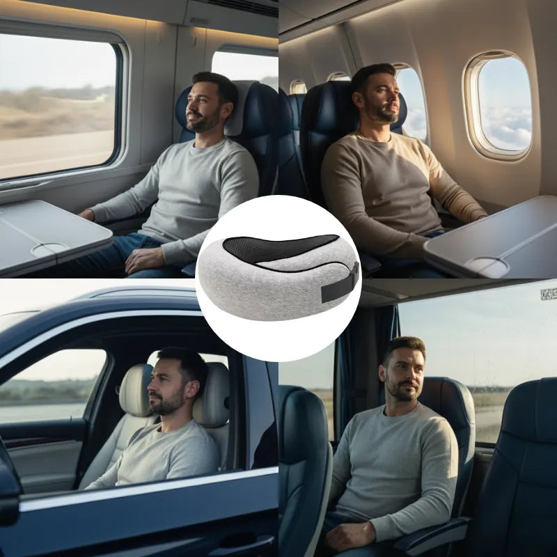 oreiller memoire de forme voyage gris clair avec clips ajustable, utilisé dans une scène multitransport montrant le confort en avion, voiture, train et bus