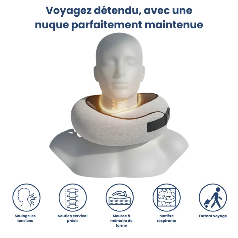 oreiller memoire de forme voyage gris clair avec clips ajustable, montré sur mannequin, mettant en avant le maintien cervical précis