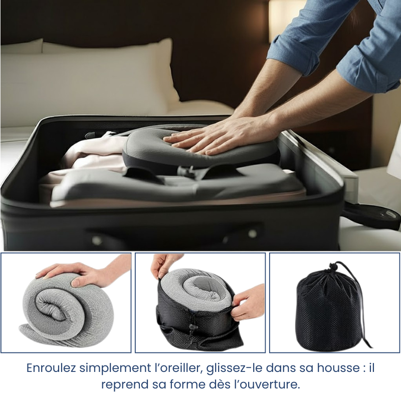 oreiller memoire de forme voyage gris avec clips ajustable, montré dans une scène explicative illustrant la façon de le plier et de le ranger facilement