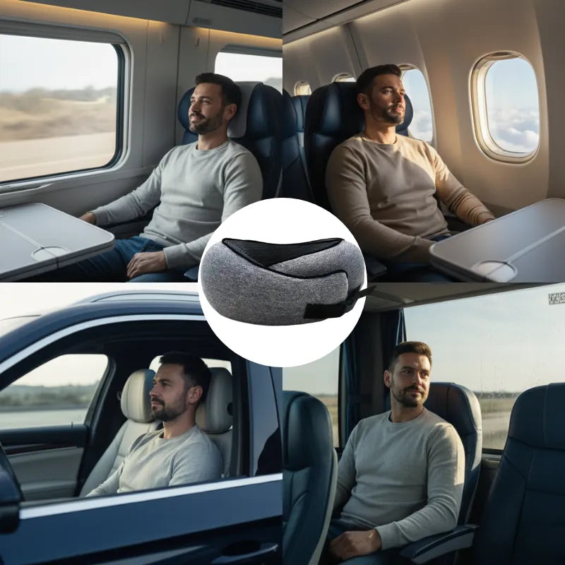 oreiller memoire de forme voyage gris fonce avec clips ajustable, montré dans une scène multitransport démontrant sa polyvalence en avion, voiture, bus et train