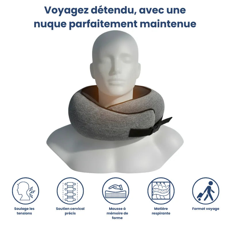 oreiller memoire de forme voyage gris fonce avec clips ajustable, positionné sur mannequin pour illustrer le soutien cervical
