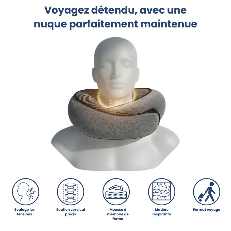 Mannequin blanc portant un oreiller à mémoire de forme gris foncé autour du cou, mettant en avant le maintien cervical et le confort en position assise