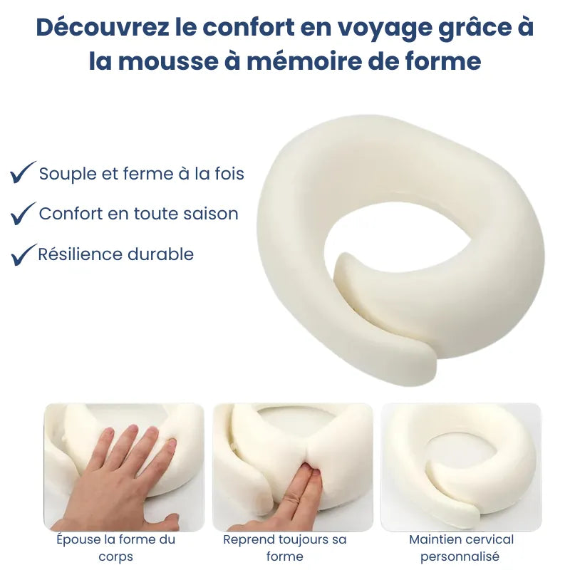oreiller memoire de forme voyage gris fonce avec velcro, utilisé dans une scène explicative mettant en avant l’adaptation de la mousse mémoire de forme et le soutien cervical