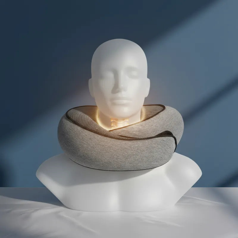 oreiller memoire de forme voyage gris avec fermeture velcro, présenté sur mannequin, mur bleu profond #284470 et drap satiné gris perle