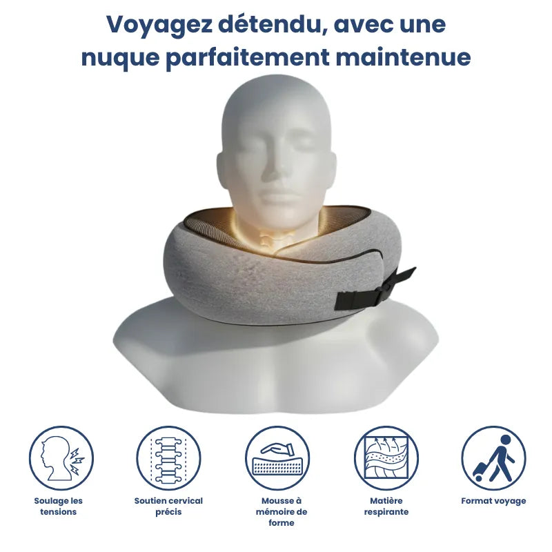 oreiller memoire de forme voyage gris avec clips ajustable, présenté sur mannequin, illustrant une position cervicale bien maintenue
