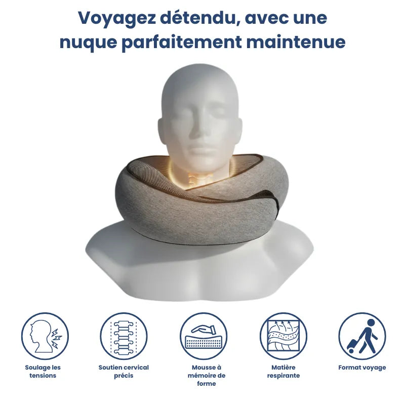 Mannequin blanc portant un oreiller à mémoire de forme gris autour du cou, illustrant le soutien de la nuque et l’ergonomie de la forme