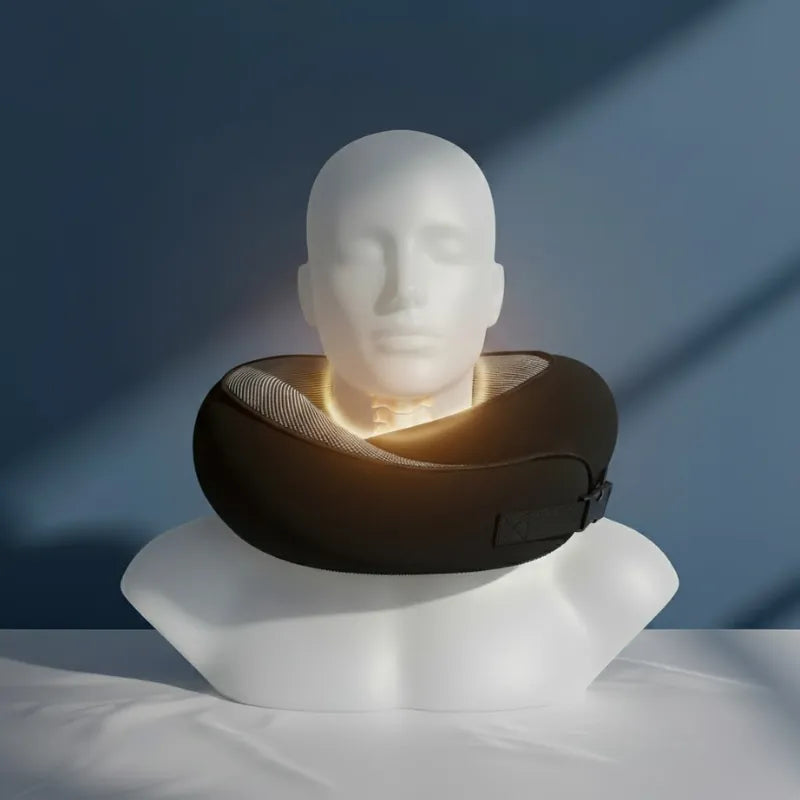 oreiller memoire de forme voyage noir avec clips ajustable, présenté sur mannequin, mur bleu profond et drap satiné gris perle