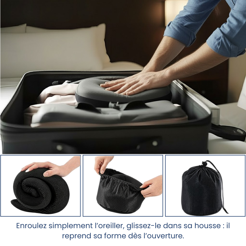 oreiller memoire de forme voyage noir avec clips ajustable, présenté dans une scène explicative illustrant comment plier et ranger l’oreiller pour le transport