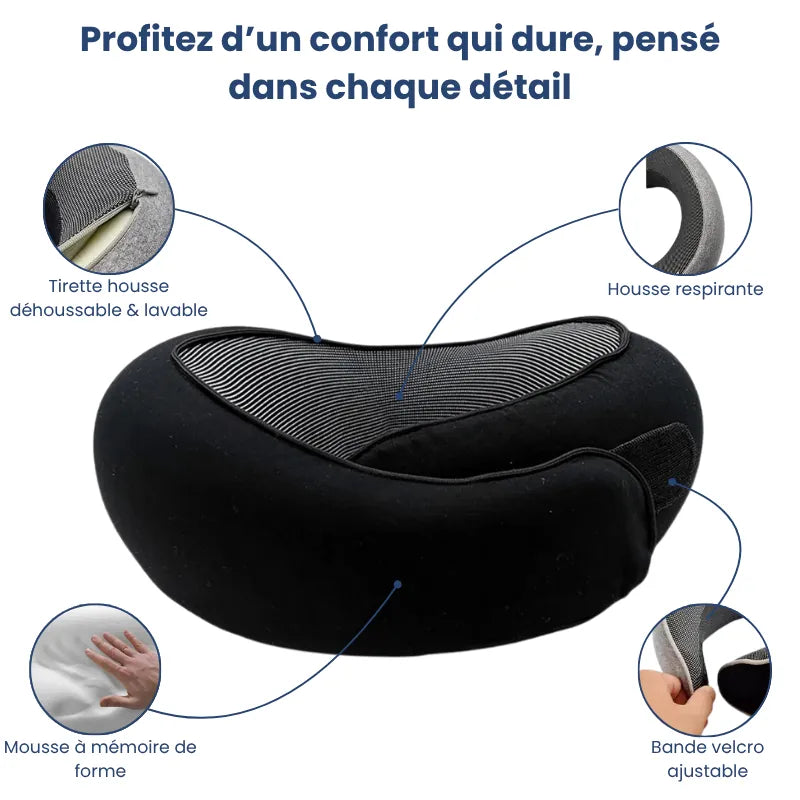 Oreiller mémoire de forme voyage noir illustrant ses caractéristiques techniques : tirette déhoussable, mousse mémoire de forme respirante et velcro ajustable