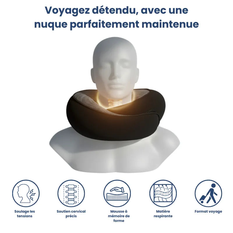 Mannequin blanc portant un oreiller à mémoire de forme gris autour du cou, illustrant le soutien de la nuque et l’ergonomie de la forme