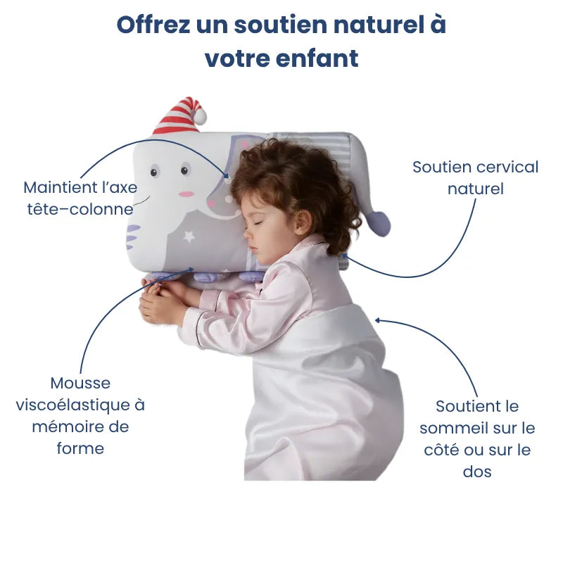 Enfant dormant sur un oreiller mémoire de forme enfant elephant montrant les zones de confort et le soutien cervical naturel.