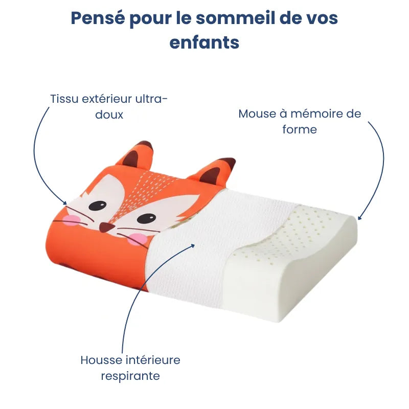 Oreiller mémoire de forme enfant motif renard avec section ouverte révélant la mousse viscoélastique et le tissu respirant, pensé pour un confort naturel et durable.