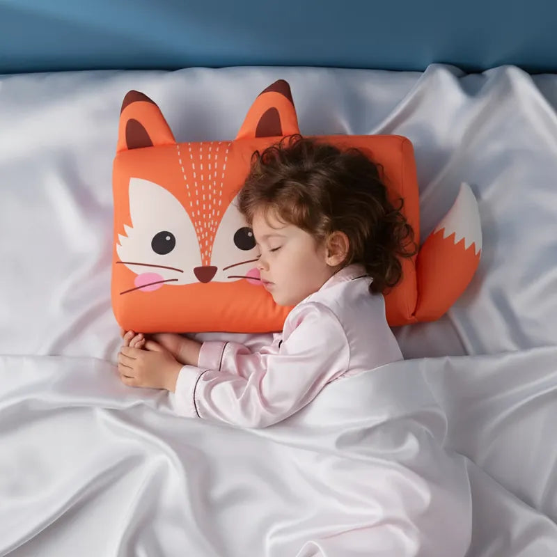 Enfant endormi paisiblement sur un oreiller mémoire de forme enfant renard dans une ambiance douce et premium