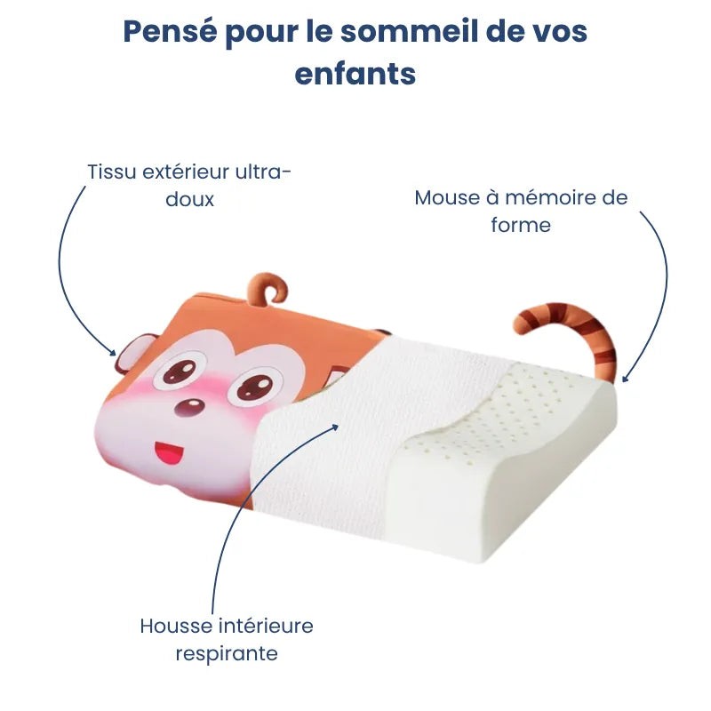 Oreiller mémoire de forme enfant motif singe avec coupe visible illustrant la mousse ergonomique et la housse respirante, adapté au soutien de la tête et de la nuque.
