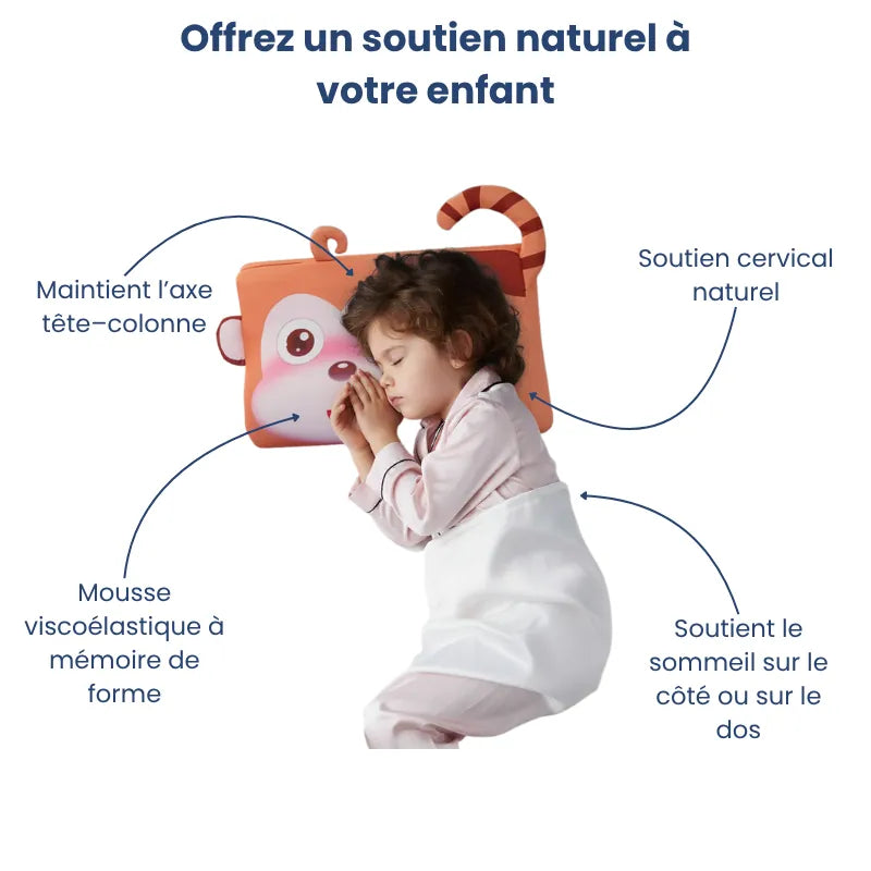 Enfant dormant sur un oreiller mémoire de forme enfant singe montrant les zones de confort et le soutien cervical naturel.