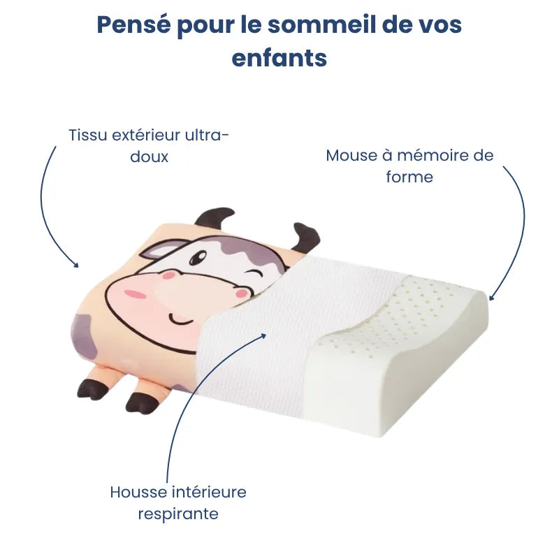 Oreiller mémoire de forme enfant motif vache avec découpe montrant la mousse viscoélastique et la housse respirante, pensé pour le confort et le sommeil des enfants.
