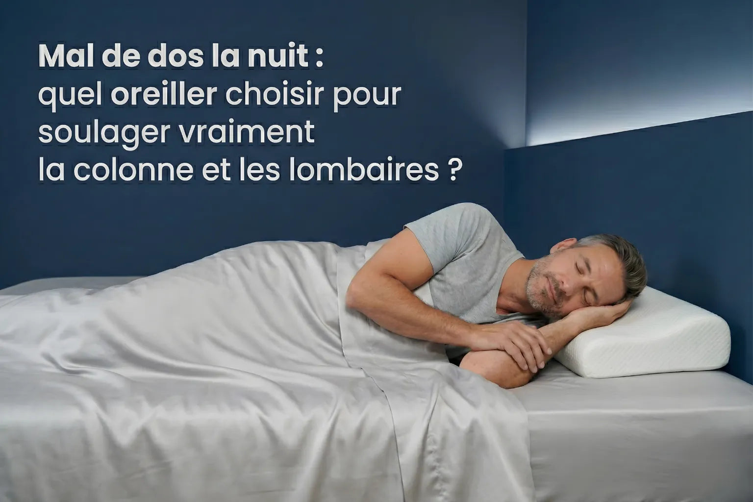 Homme allongé sur un oreiller à mémoire de forme illustrant l’alignement de la colonne pour réduire les douleurs lombaires la nuit