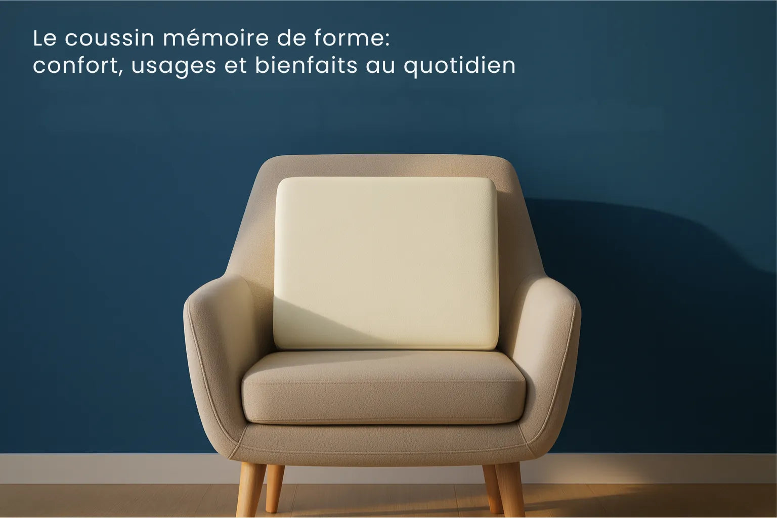 bannière d'article montrant un coussin mémoire de forme sur un fauteuil clair devant un mur bleu profond, lumière douce et typographie Poppins indiquant le titre de l’article