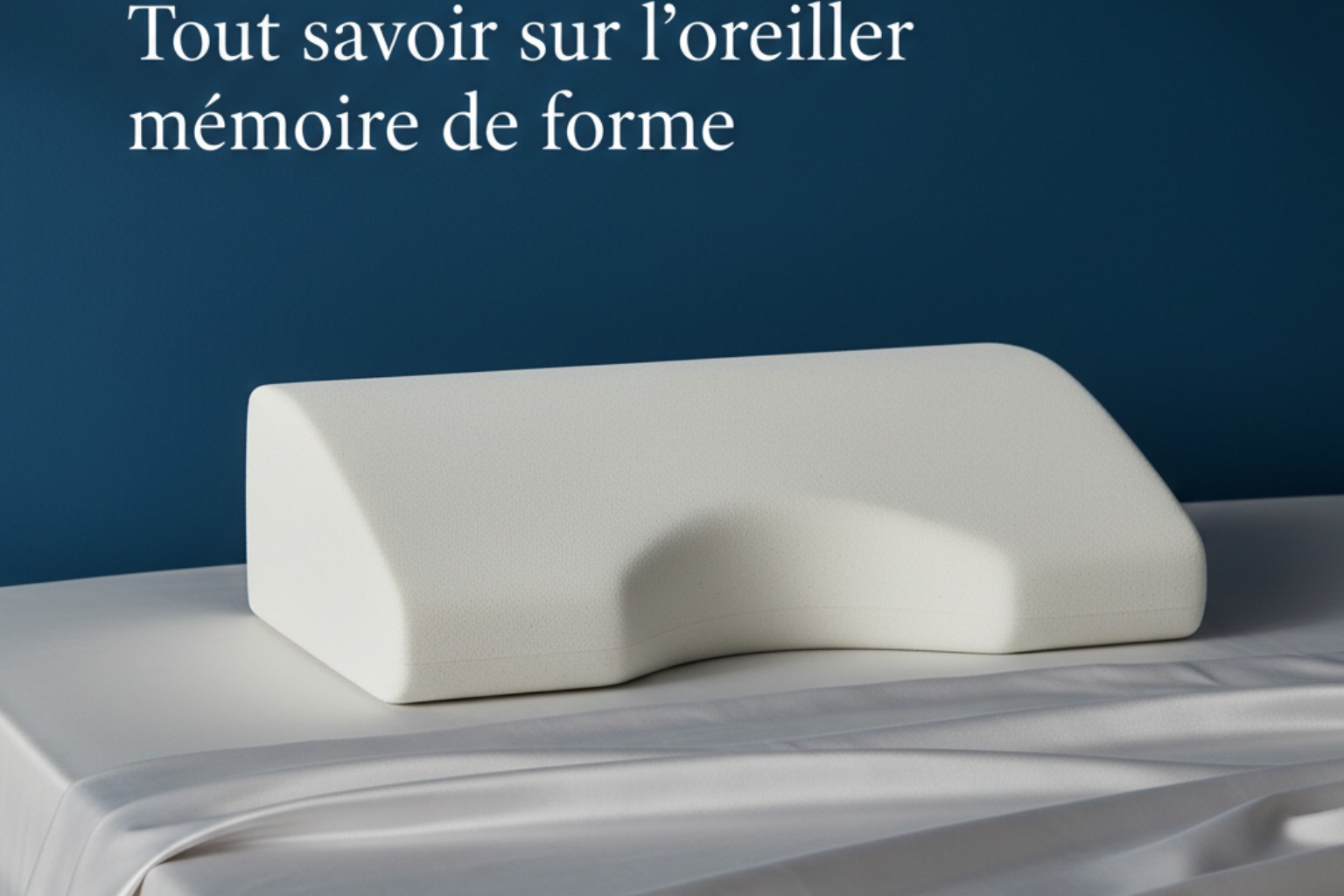bannière d'article illustrant un oreiller mémoire de forme posé sur un lit au drap satiné gris perle devant un mur bleu profond, ambiance douce et premium