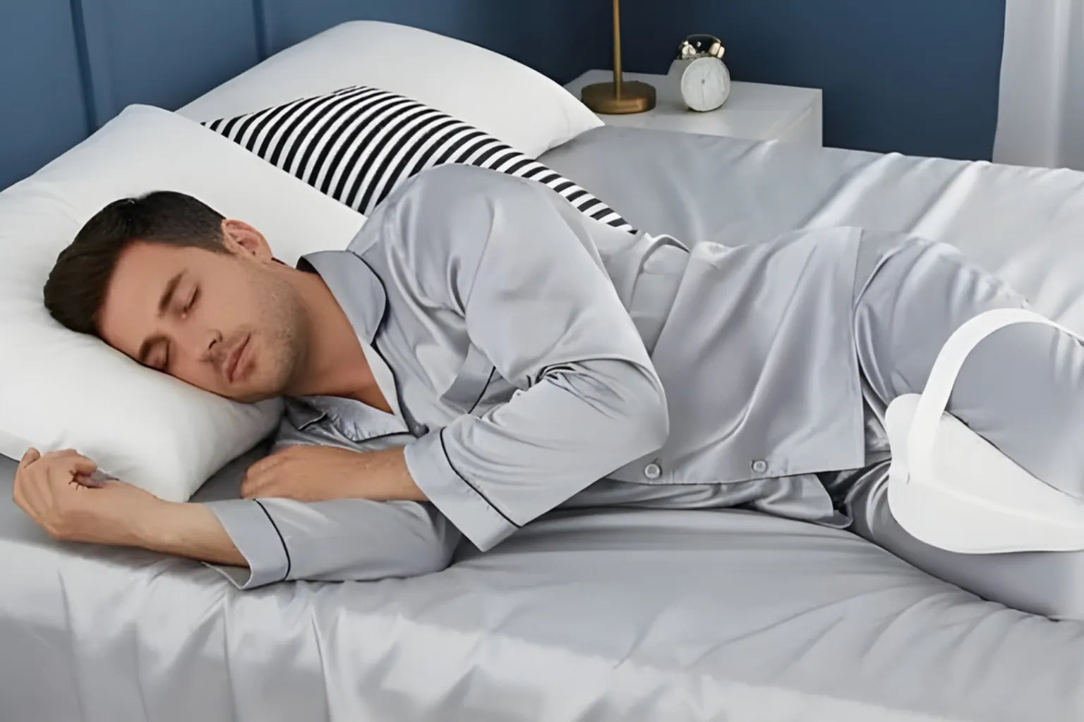 Homme dormant sur le côté avec un coussin ergonomique pour jambes favorisant l’alignement et le confort nocturne