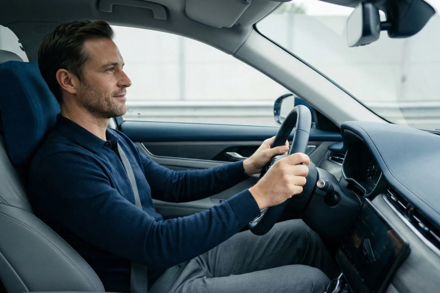 Conducteur en voiture sur un long trajet utilisant un coussin ergonomique de soutien lombaire pour améliorer le confort et la posture