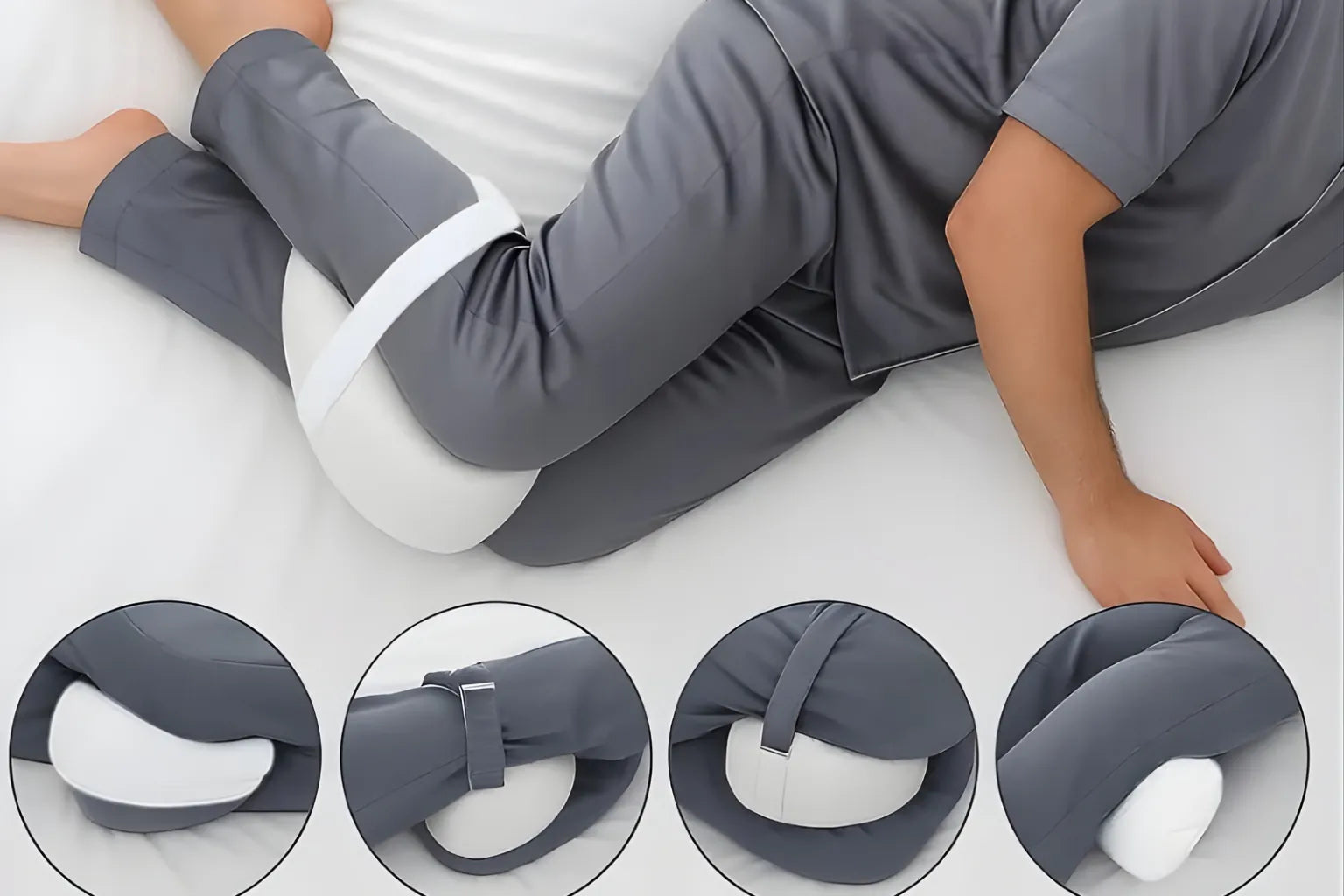 Coussin ergonomique à mémoire de forme placé entre les jambes pour maintenir l’alignement du bassin pendant le sommeil sur le côté