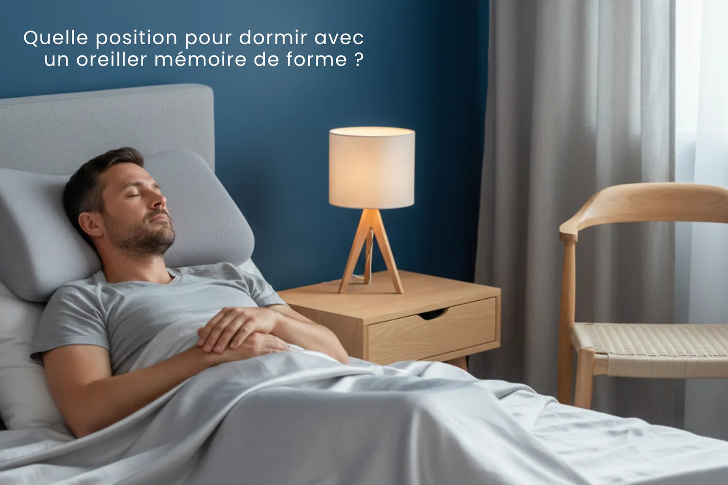 Homme dormant sur un oreiller ergonomique à mémoire de forme, illustrant la position idéale pour un sommeil aligné et confortable