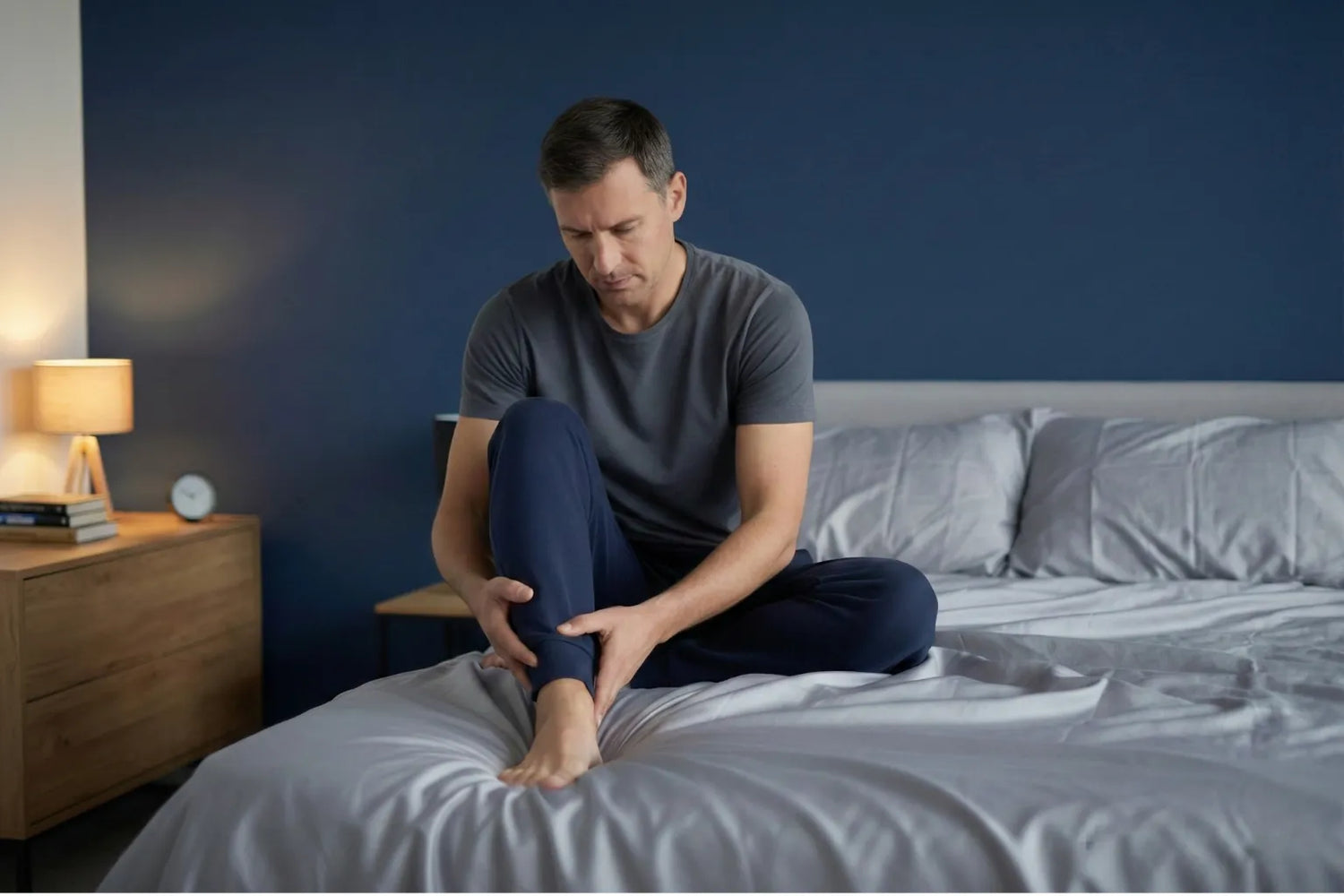 Homme assis sur un lit se tenant les mollets avec les mains, exprimant une sensation de jambes lourdes et d’inconfort en fin de journée dans une chambre aux tons bleus et gris
