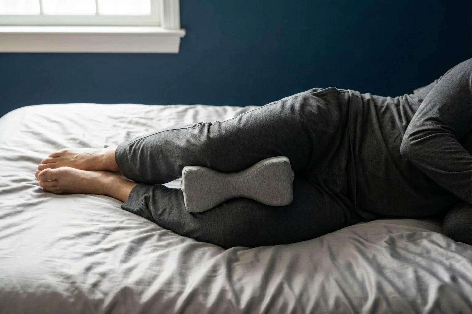 Oreiller ergonomique pour genoux en mousse à mémoire de forme positionné entre les jambes d’un homme dormant sur le côté afin de maintenir l’alignement des hanches et du dos