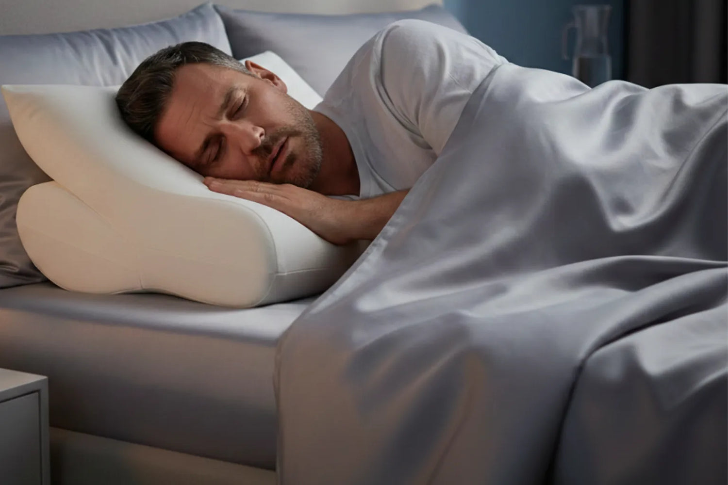 Homme dormant sur le côté avec un oreiller ergonomique soutenant la nuque, illustrant les liens entre posture de sommeil, respiration nocturne et ronflements