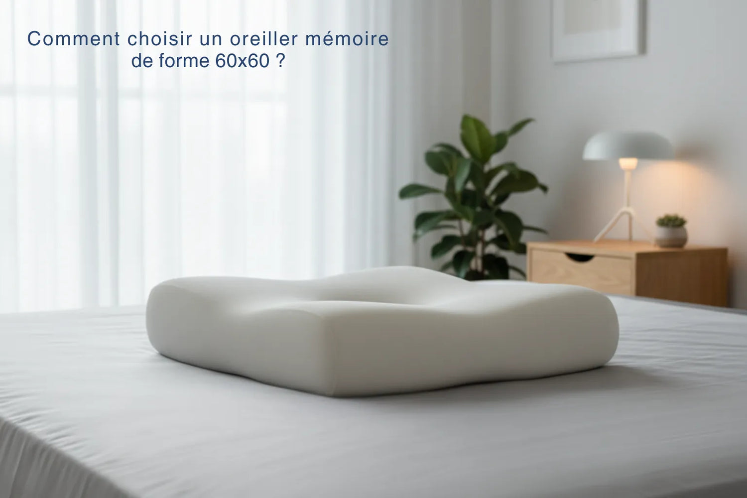 Illustration d’un oreiller 60x60 en mousse viscoélastique posé sur un lit, pour accompagner un guide sur le choix d’un oreiller mémoire de forme