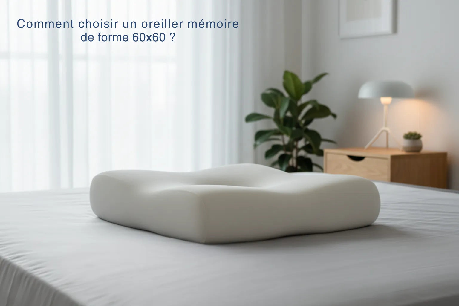 Illustration d’un oreiller 60x60 en mousse viscoélastique posé sur un lit, pour accompagner un guide sur le choix d’un oreiller mémoire de forme