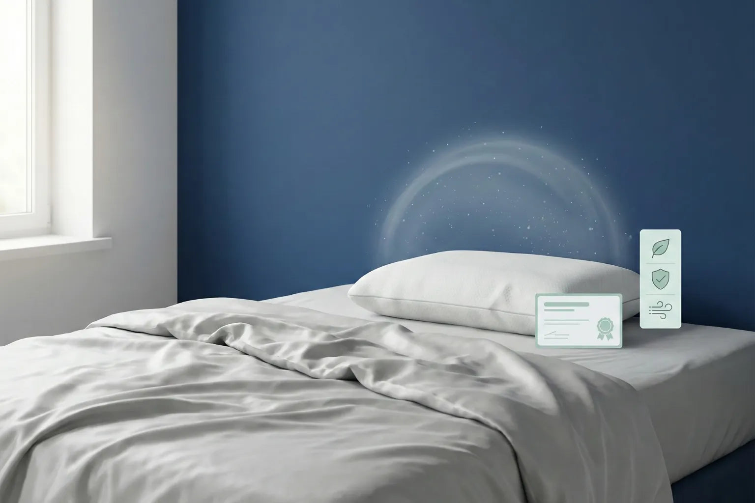 Oreiller à mémoire de forme posé sur un lit gris perle avec éléments visuels évoquant la composition, la ventilation et les certifications de sécurité