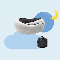 Oreiller de voyage gris avec son sac de rangement noir