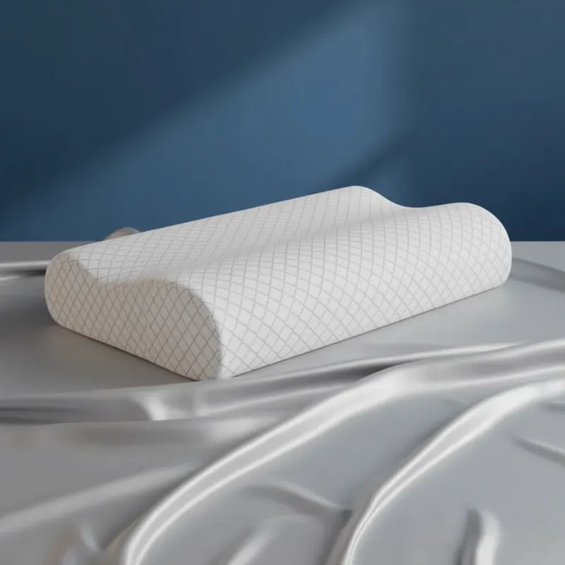 Oreiller Memoire de Forme 65x65 sur drap satiné gris et mur bleu foncé avec lumière diffuse