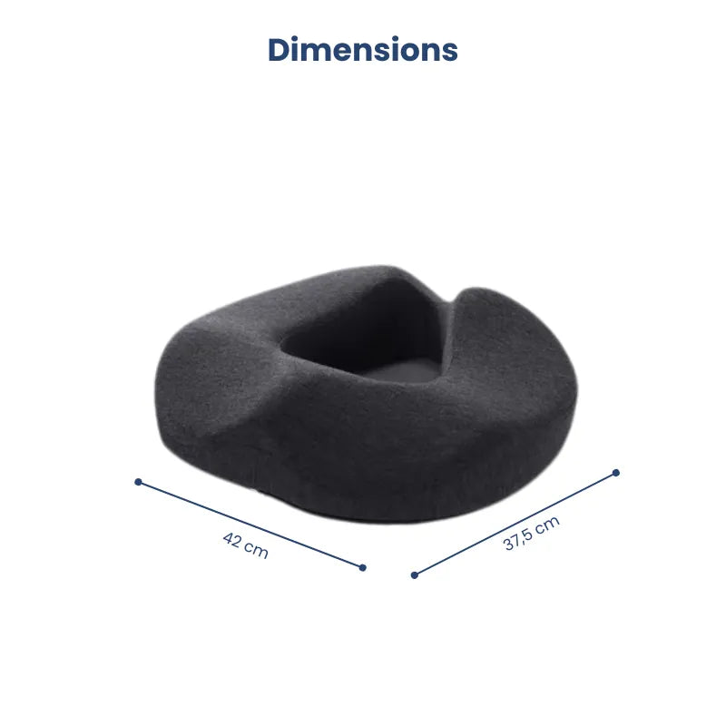 Dimensions du coussin ergonomique gris foncé avec vue de dessus et mesures indiquées