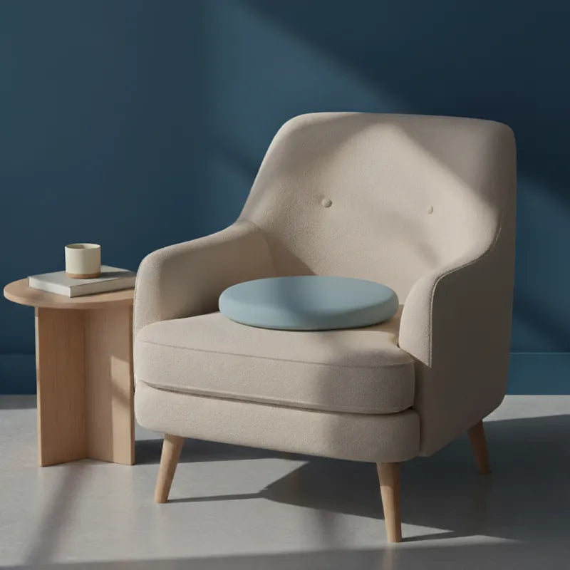 Coussin ergonomique rond bleu ciel sur fauteuil clair, en mousse mémoire de forme, pour un confort optimal. Décor sobre et design avec table d’appoint et fond bleu.