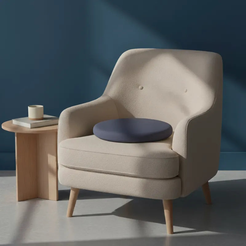 Coussin ergonomique rond bleu foncé sur fauteuil clair, en mousse mémoire de forme, pour un soutien d’assise confortable. Scène premium avec fond bleu et table minimaliste.