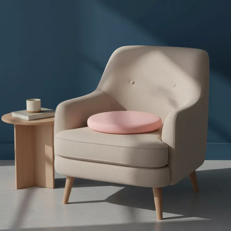 Coussin ergonomique rond rose sur un fauteuil en tissu beige, conçu pour améliorer le confort d’assise. Scène épurée et design avec table d’appoint et mur bleu en fond.