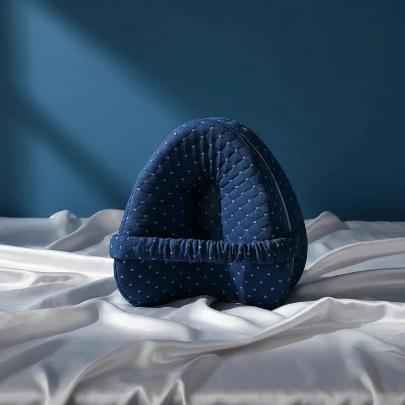 Coussin ergonomique entre les jambes bleu foncé posé sur drap gris perle avec fond bleu uni et lumière douce