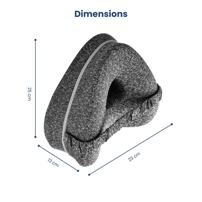 Image montrant les dimensions du coussin ergonomique entre les jambes gris avec mesures précises en centimètres