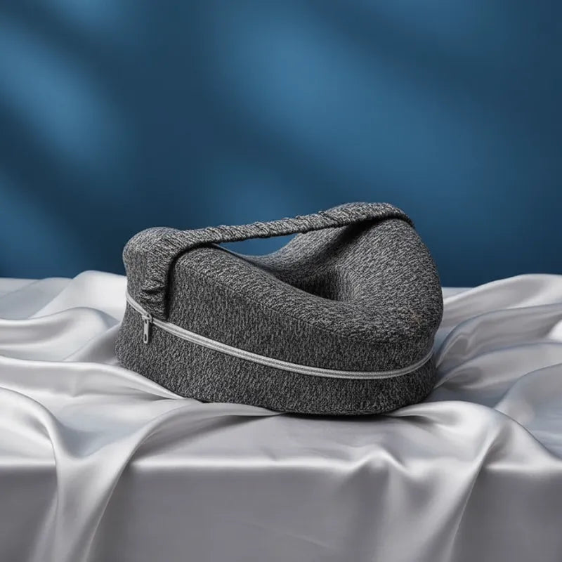 Coussin ergonomique entre les jambes gris posé sur drap gris perle avec fond bleu uni et lumière naturelle