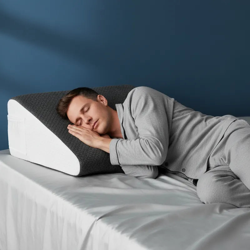 Homme dormant sur le côté avec un coussin ergonomique pour jambes 50x50 gris et blanc, lumière naturelle et drap satiné