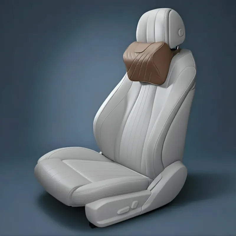 coussin ergonomique voiture marron attaché sur appuie-tête, soutien de nuque en mousse mémoire