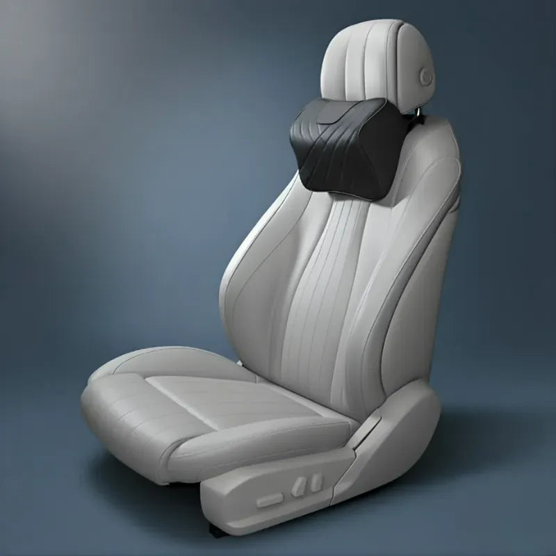 coussin ergonomique voiture noir fixé sur siège auto, appui cervical en mousse à mémoire de forme