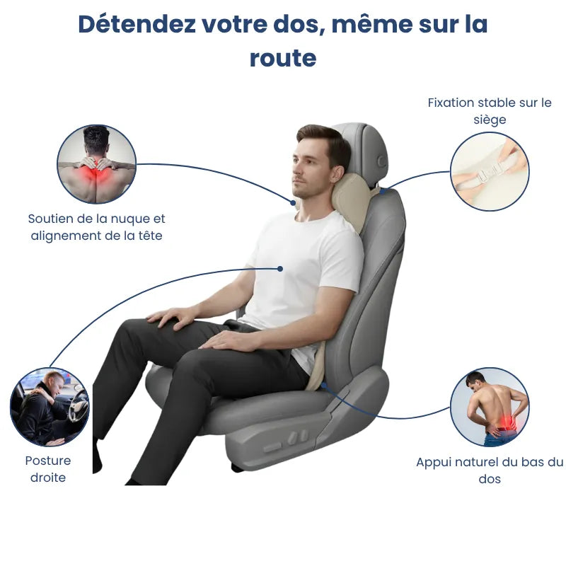 Homme assis sur un siège auto gris perle avec un coussin ergonomique voiture set duo beige. L’image met en avant le soutien cervical et lombaire favorisant une posture droite au volant