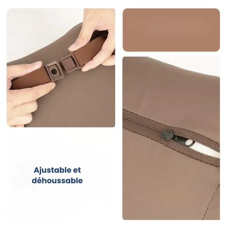 Détail du coussin ergonomique voiture set duo marron avec sangle ajustable et housse déhoussable munie d’une fermeture éclair